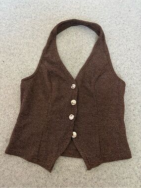Brown Knit Halter Button-Front Vest